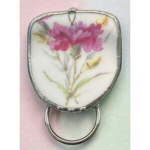 Vintage Porcelain Floral Brooch Scarf Slide Ring Silver Tone Pin Mid Century